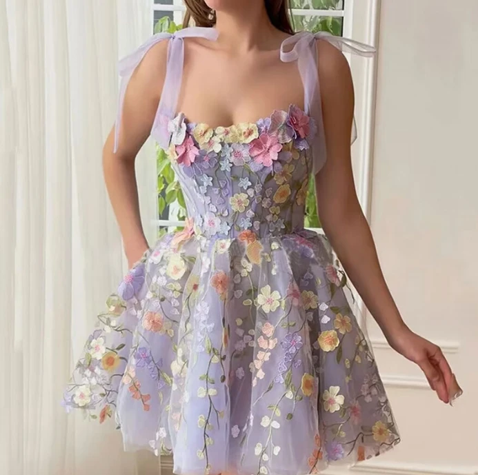 

Женское мини-платье без рукавов, элегантное и милое Привлекательное платье на бретельках с 3D цветочной вышивкой, короткое платье с квадратным вырезом, Новинка лета 2024