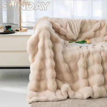 모조 토끼털 플러시 담요, 따뜻한 소파 커버, 매우 편안한 침대, 고급스러운 고품질 담요, 겨울 보온