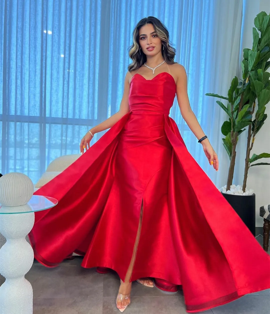 

Элегантное Длинное Красное Вечернее платье без бретелек со съемным шлейфом, атласное платье-футляр до щиколотки, платье для выпускного вечера, женское платье