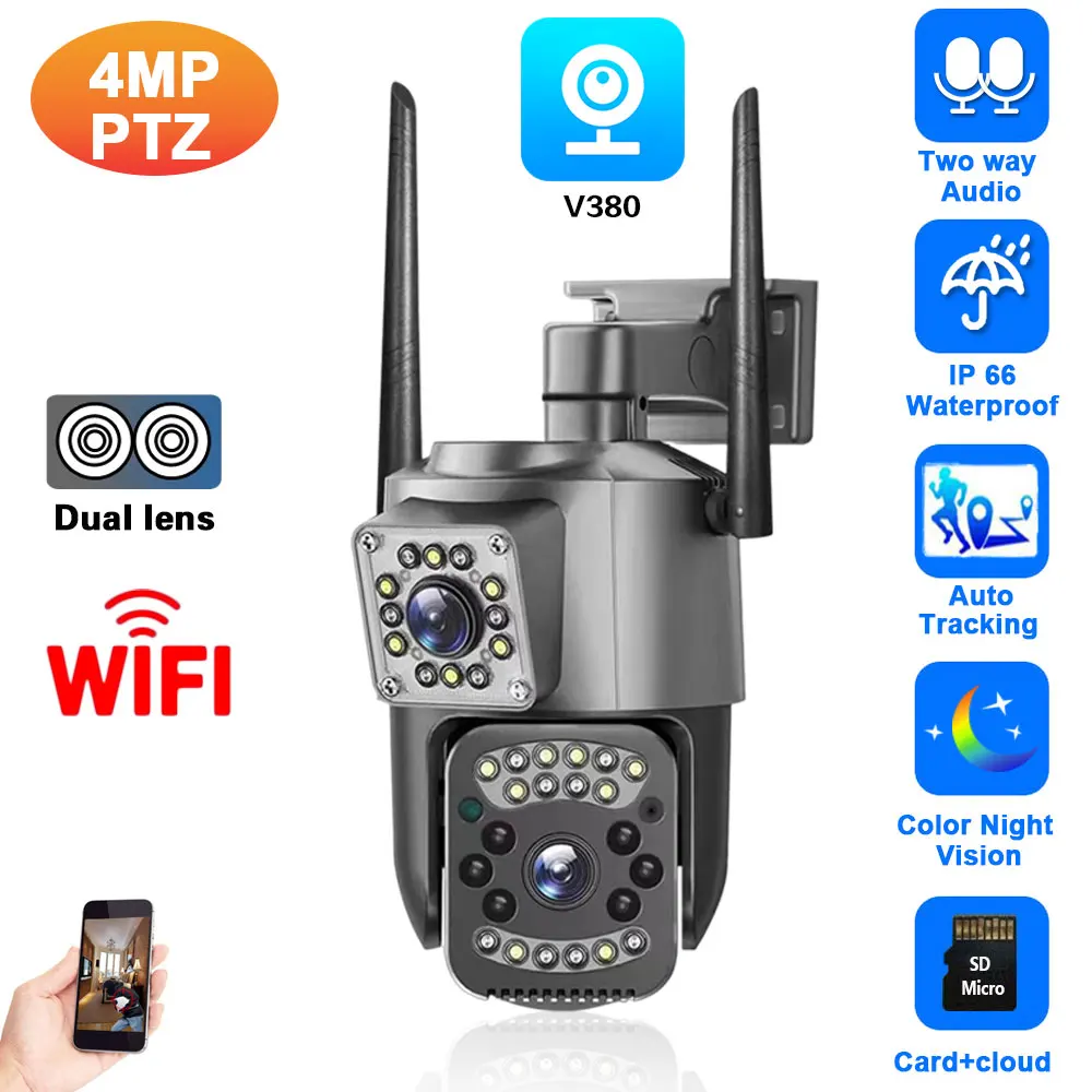 

2K HD Waterproof IP Camera Wifi 4G Sim Card PTZ 4MP Dual Len Outdoor AI Auto Tracking Color Night Vision CCTV Security Camera