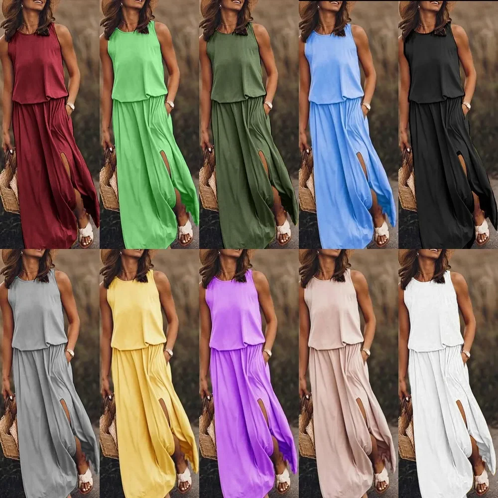 

2024 Spring/summer new European and American women's crewneck sleeveless dress slit solid color casual commuter dress