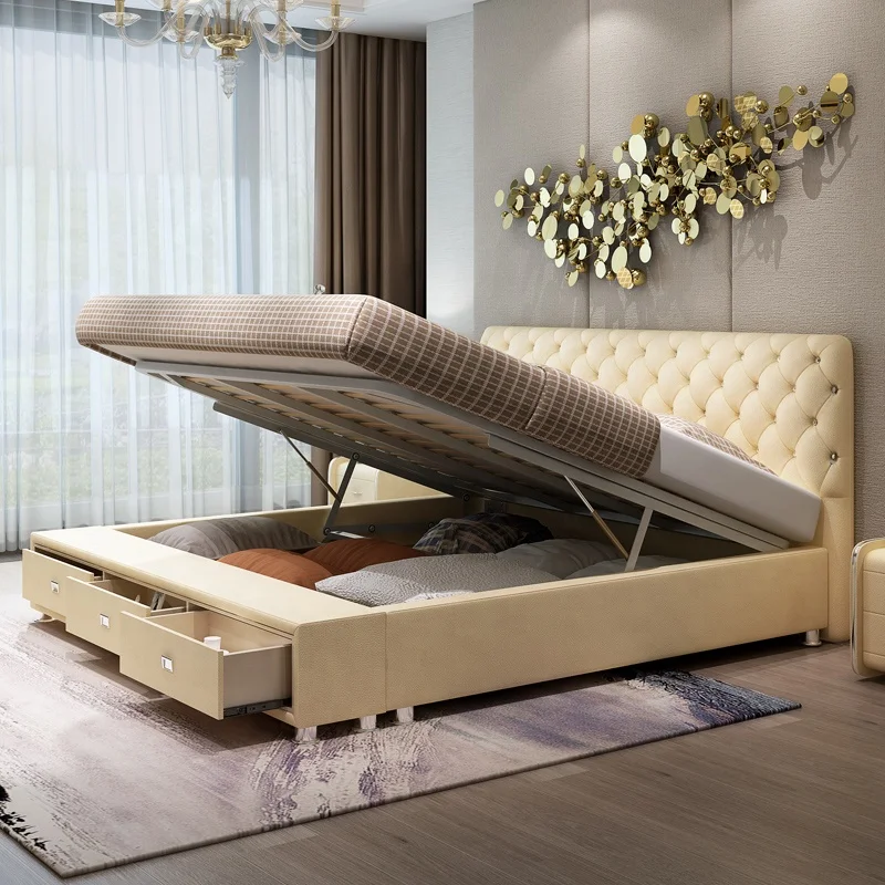 High-class Modern Leather Bed Diamond Tufted Double Bed Gas Lift Hydraulic Bedroom Furniture With Drawers
High-class Modern Leather Bed Diamond Tufted Double Bed Gas Lift Hydraulic Bedroom Furniture With Drawers