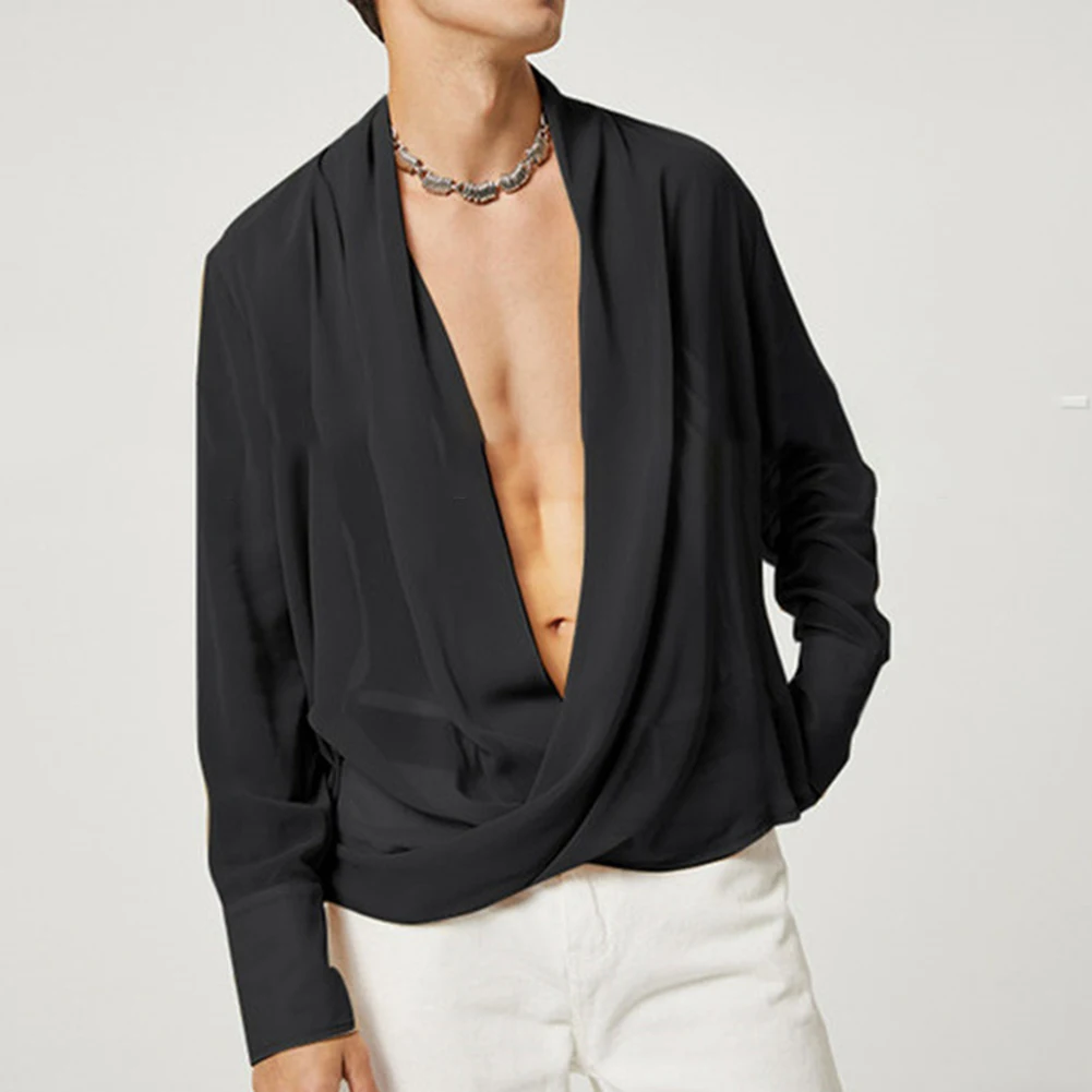 Fashion Men's Sheer Cross Deep V Neck Long Sleeve Shirts And Blouses Sexy Solid Color Chiffon Pullover Shirt Tops Man Clothing
Fashion Men's Sheer Cross Deep V Neck Long Sleeve Shirts And Blouses Sexy Solid Color Chiffon Pullover Shirt Tops Man Clothing
