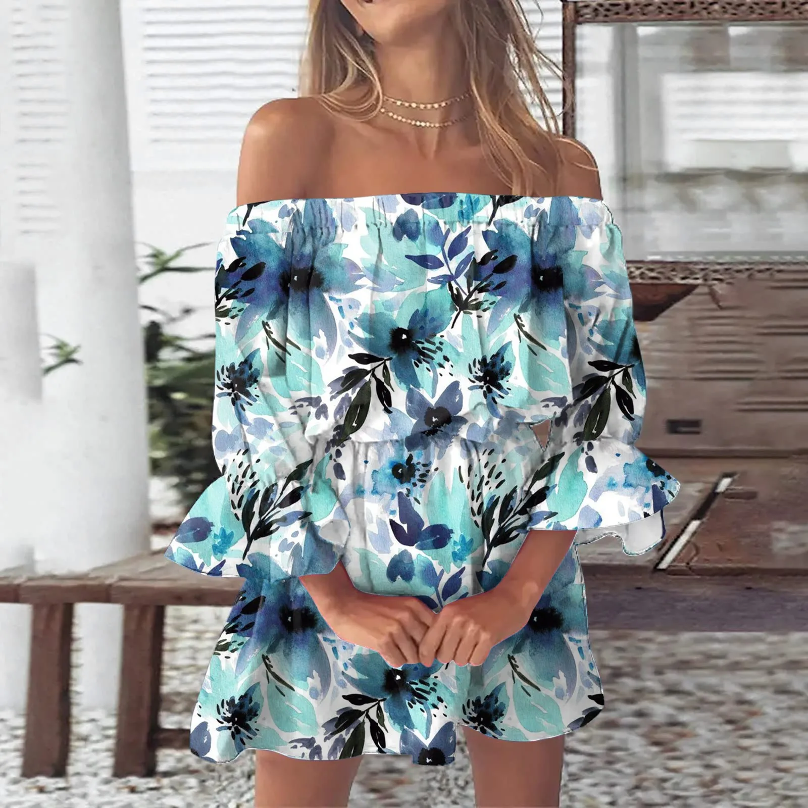 

Summer Dresses For Women Vintage Print Beach Sexy Off Shoulder Tunic Sundresses Casual Loose Fit Bell Sleeve Mini Floral Dress