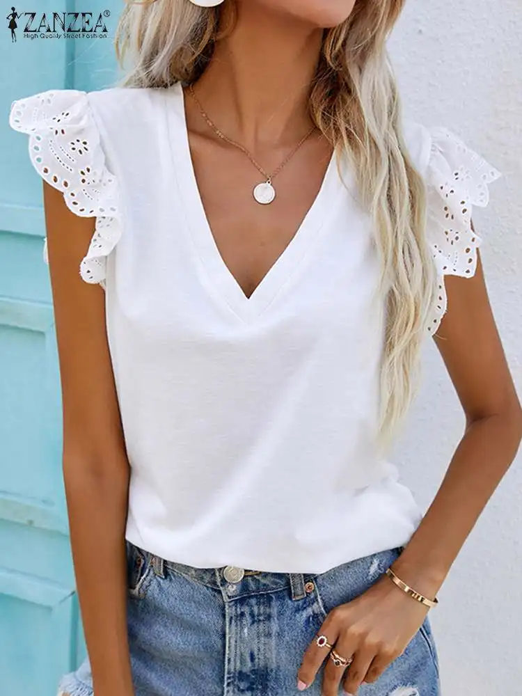 2023 ZANZEA Woman Casual Ruffles Tops Summer Lace Patchwork Shirt Female V-Neck Short Sleeve Female Tunic Blouse Holiday Chemise
2023 ZANZEA Woman Casual Ruffles Tops Summer Lace Patchwork Shirt Female V-Neck Short Sleeve Female Tunic Blouse Holiday Chemise