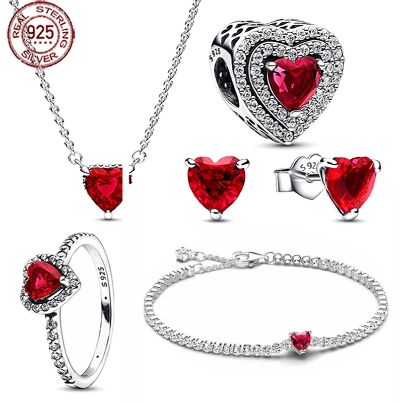 

2024 bestselling 925 Sterling Silver Shining Red Heart Series Set Exquisite Charm Jewelry Five Piece Set for family