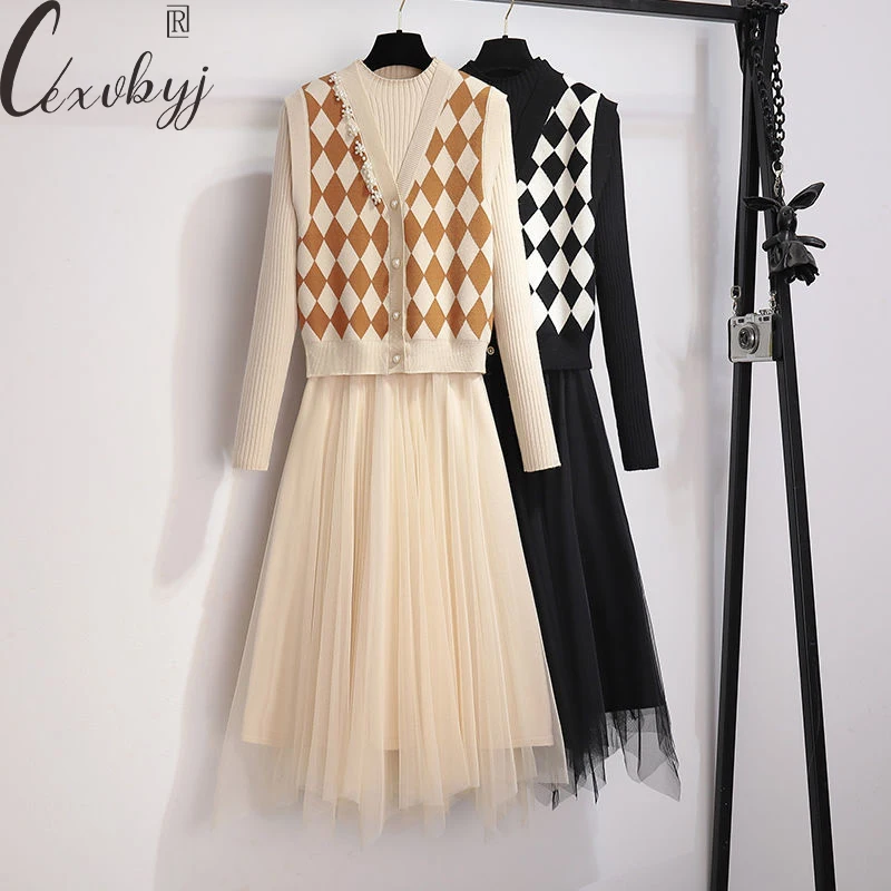 Vintage Knitted Dress 2 Peice Suit Casual Geometric Sleeveless Vest+ Mesh Patchwork Long Sleeve Dress Outfits Autumn Elegant Set
Vintage Knitted Dress 2 Peice Suit Casual Geometric Sleeveless Vest+ Mesh Patchwork Long Sleeve Dress Outfits Autumn Elegant Set