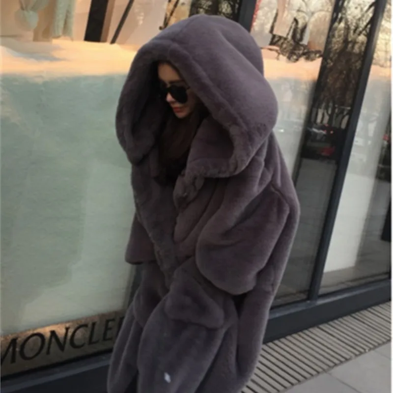 

Женское теплое меховое пальто с капюшоном, повседневное однотонное пальто средней длины из искусственного меха с длинным рукавом, новинка зимнего сезона 2024