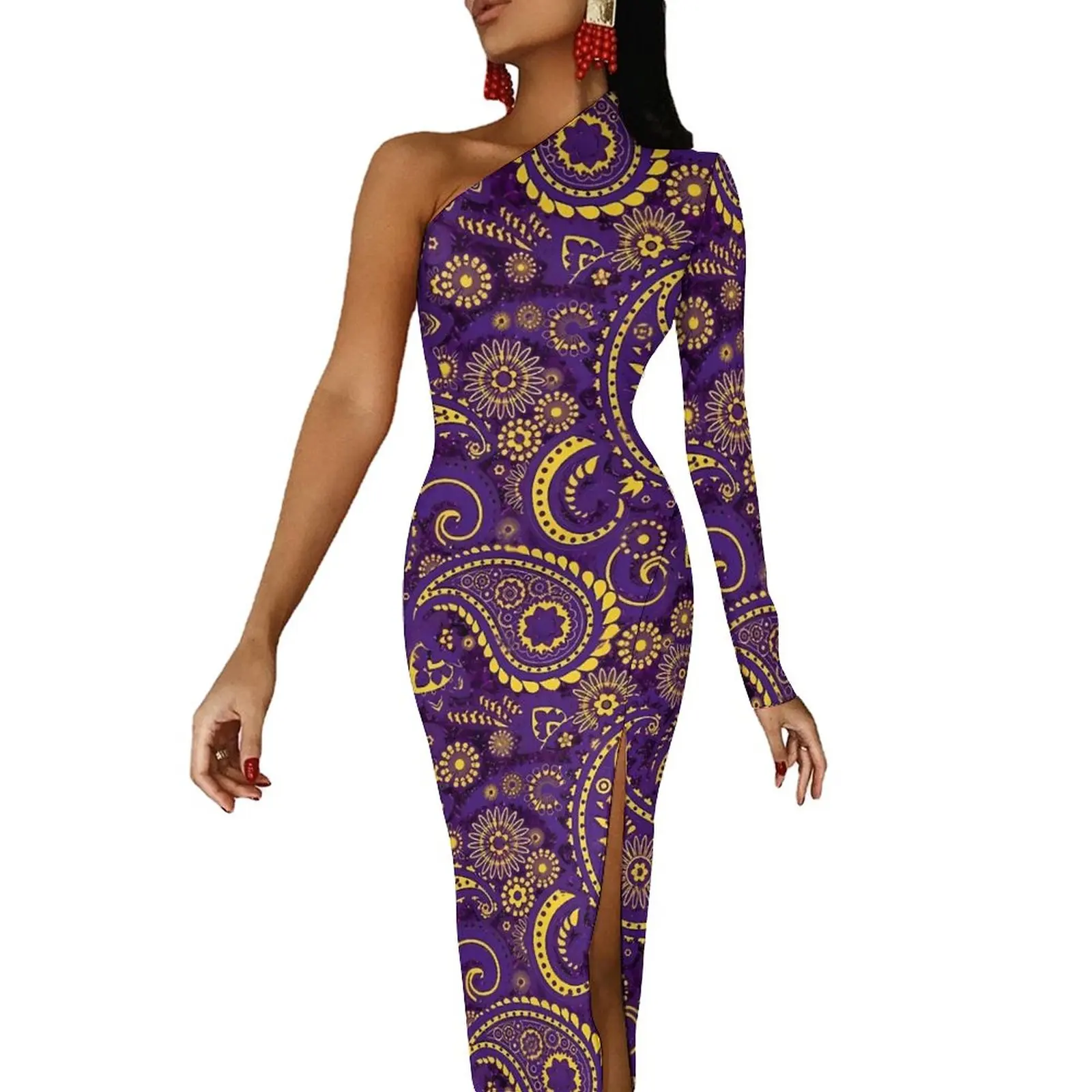 Golden Paisley Bodycon Dress Summer Purple Sparkle Sexy High Slit Long Dresses One Shoulder Design Streetwear Dress
Golden Paisley Bodycon Dress Summer Purple Sparkle Sexy High Slit Long Dresses One Shoulder Design Streetwear Dress