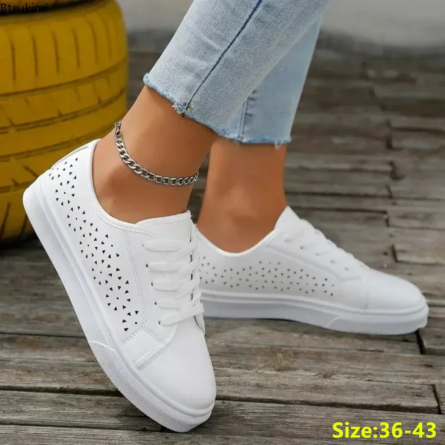 

New Summer Women's Cutout Sneakers Lace-up White Shoes Plus Size Female Casual Flat Breathable Sports Ladies Vulcanized Shoes