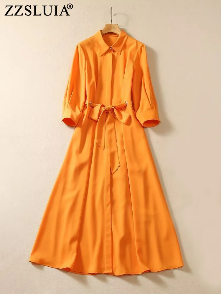 

ZZSLUIA Turn Down Collar Three Quarter Sleeve Lacing Designer Slim Midi Dress Fashion Elegant Vintage Dresses Female Clothing