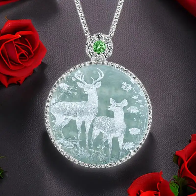 

Blue Myanmar Jadeite Deer Pendant Necklace Accessories Real Burmese Jade Gifts for Women Men 925 Silver Natural Jewelry Fashion