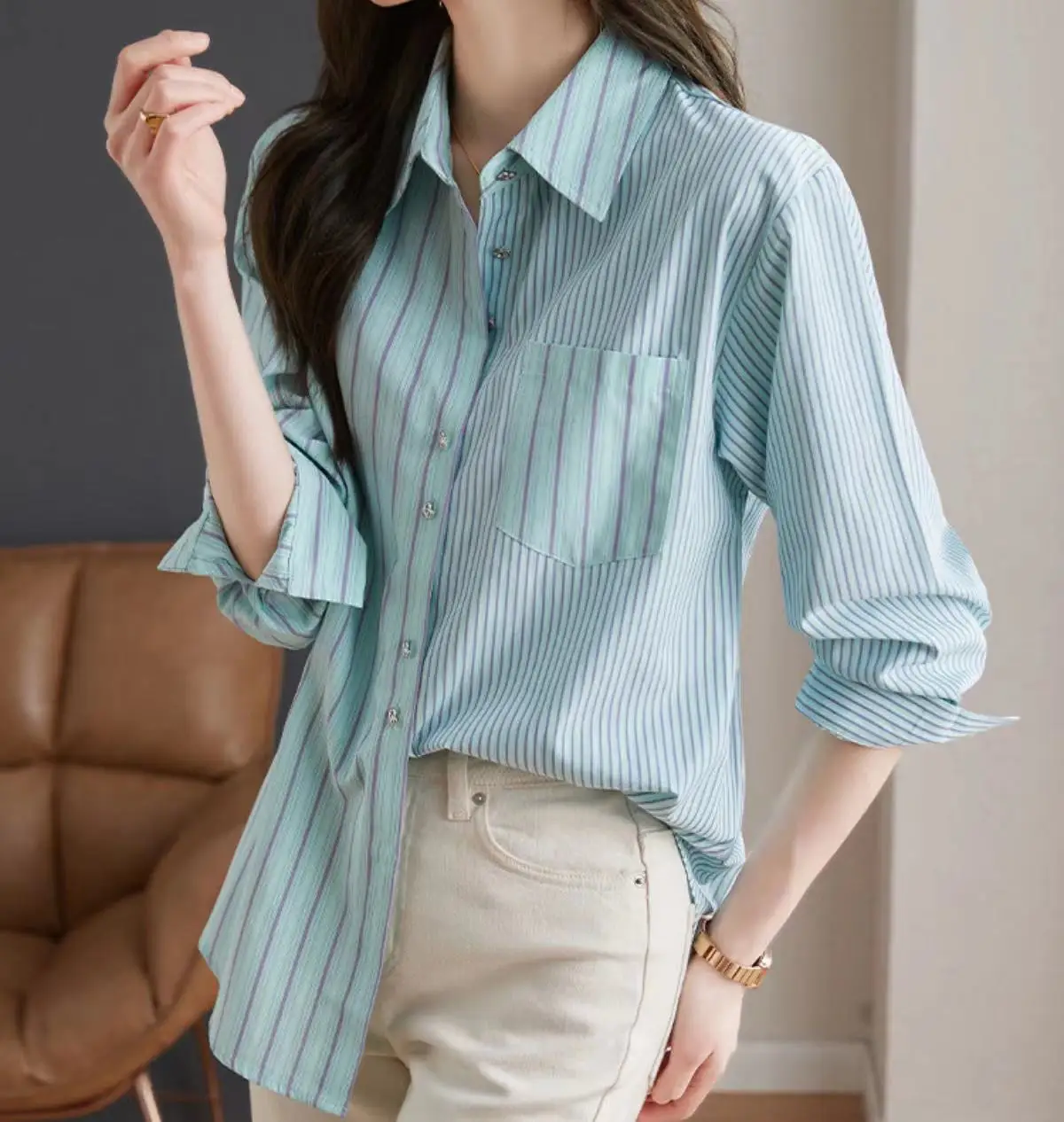 Korean Style Polo Neck Striped Shirt Women's Long Sleeve 2023 Autumn Blouse New Design Loose Fit Top Female
Korean Style Polo Neck Striped Shirt Women's Long Sleeve 2023 Autumn Blouse New Design Loose Fit Top Female