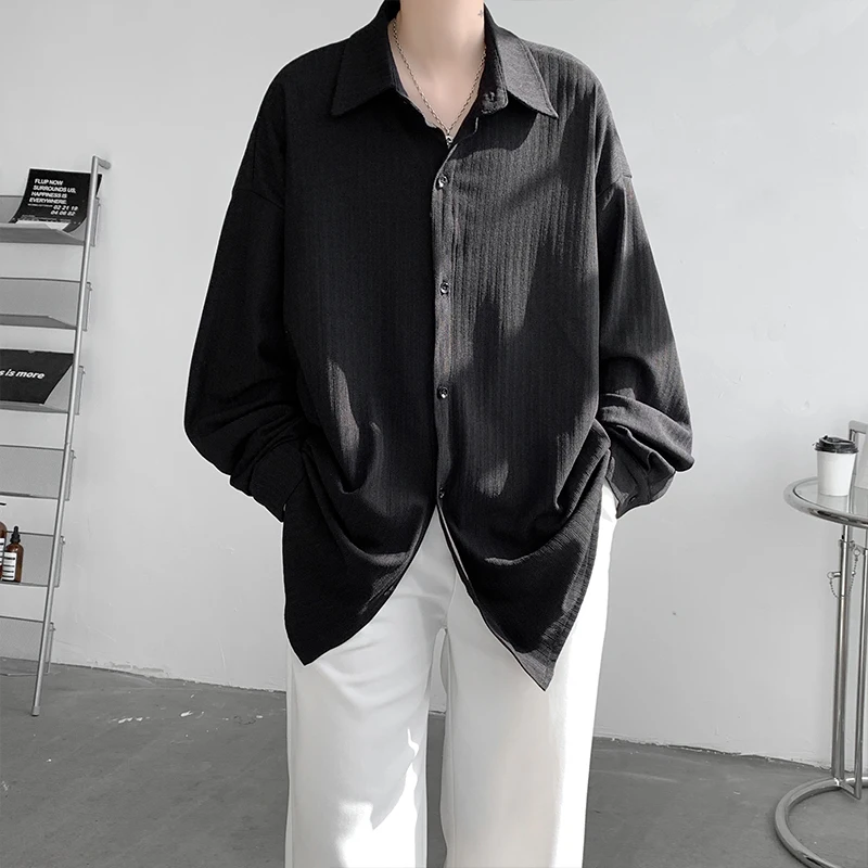 

Драпированная рубашка из ледяного шелка с длинными рукавами, мужская летняя черная белая блузка на пуговицах, мужские высококачественные Красивые полосатые текстурные Топы