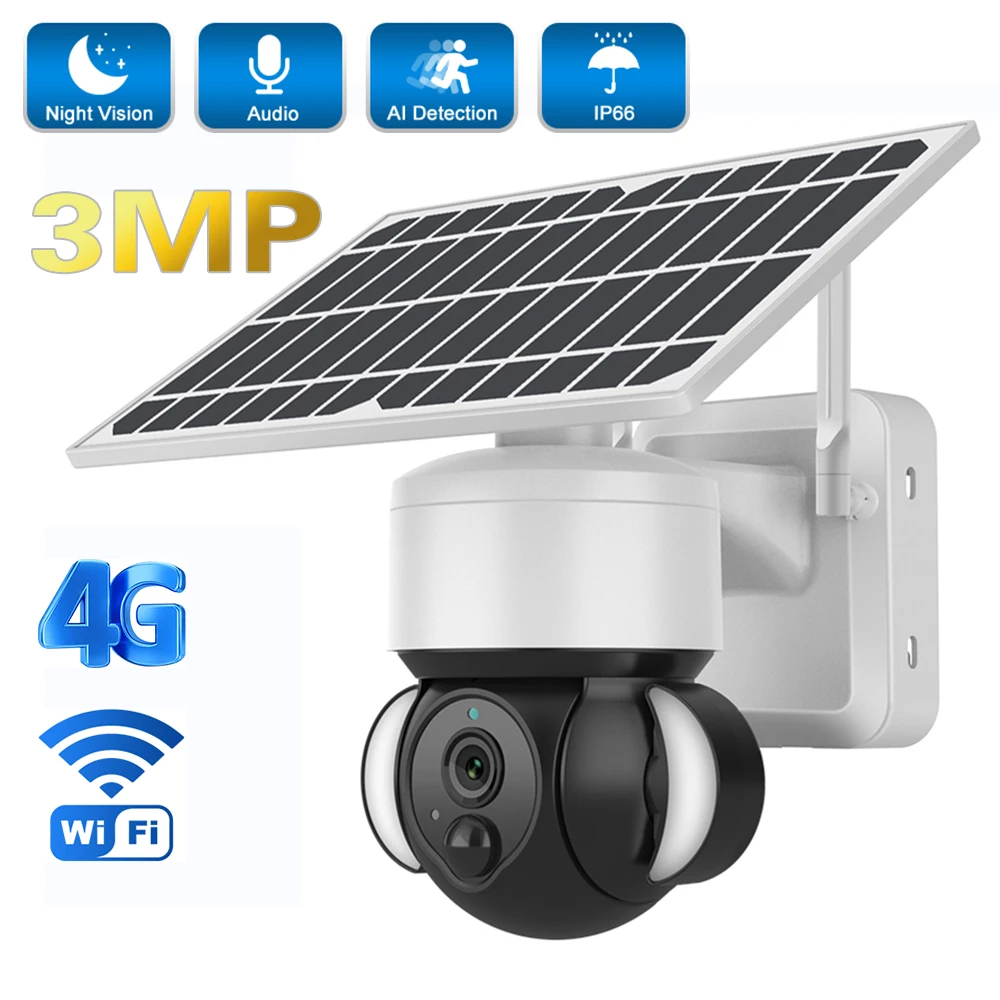 

WIFI /4G SIM Card Solar Camera 3MP Outdoor PIR Detection Night Vision Surveillance CCTV Camera 6W Battery Powered IP PTZ Camera