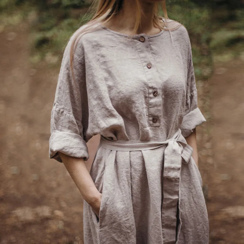 Vinatge Elegant Retro 100% Linen Women Dress Casual Long Sleeve Button Up Harajuku Maxi Party Dress With Belt Pockets Vestidos
Vinatge Elegant Retro 100% Linen Women Dress Casual Long Sleeve Button Up Harajuku Maxi Party Dress With Belt Pockets Vestidos