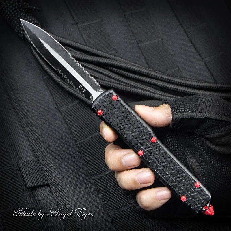 

UT UTX Sith Lord Knives UTX-100 Full Size SL Micro Ultra OTF Tech Knife Double Edge Partial Serrations Black Blade D2 Steel A8