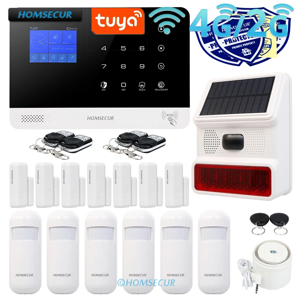 

HOMSECUR Wireless WIFI 4G 2G RFID LCD Home House Alarm System+6*PIR+Door Sensor+Wireless Solar Red Flash Siren