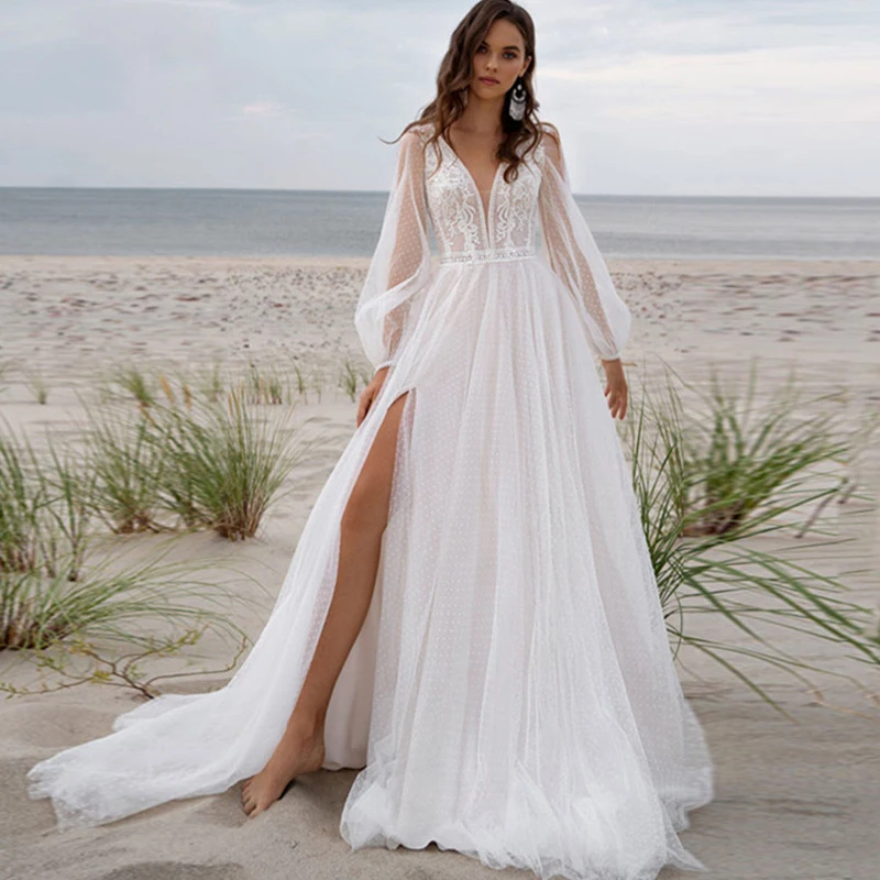 Bohemian Lace Deep V neck High Slit Wedding Dresses Vestido de Noiva Puff Sleeves Backless Tulle Bride Gown 2022
Bohemian Lace Deep V neck High Slit Wedding Dresses Vestido de Noiva Puff Sleeves Backless Tulle Bride Gown 2022