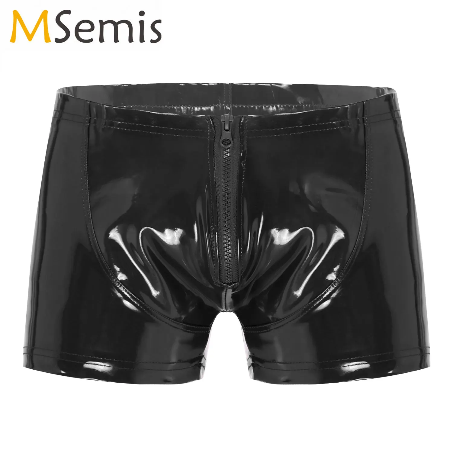 

Male Sexy Boxer Underpants Wet Look Patent Leather Shorts Boxers Zipper Front Open Crotch Lingerie Nightclub Bar Stage Costume