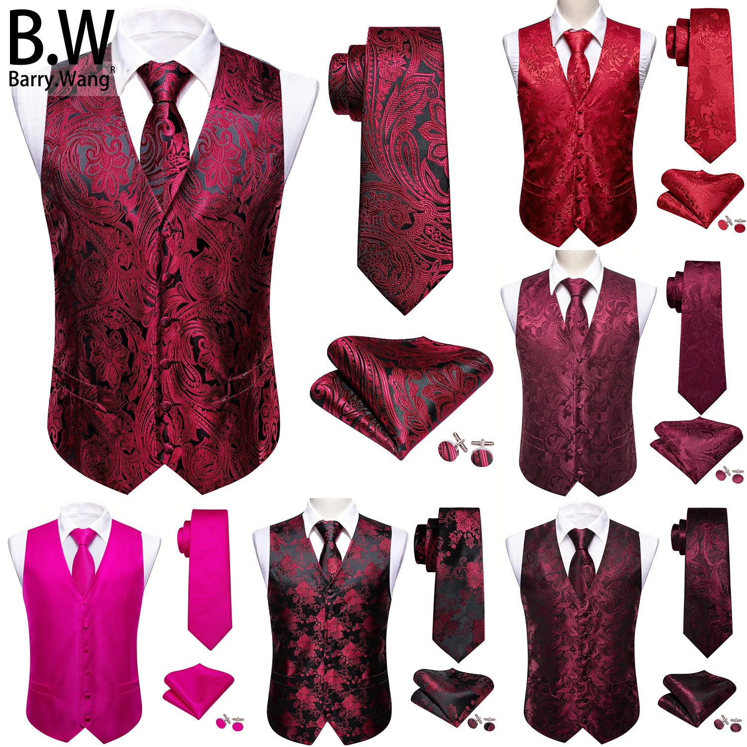 

Red Burgundy Maroon Silk Men Vest Tie Hanky Cufflinks Set Jacquard Waistcoat Sleeveless Jacket Male Wedding Business Barry.Wang