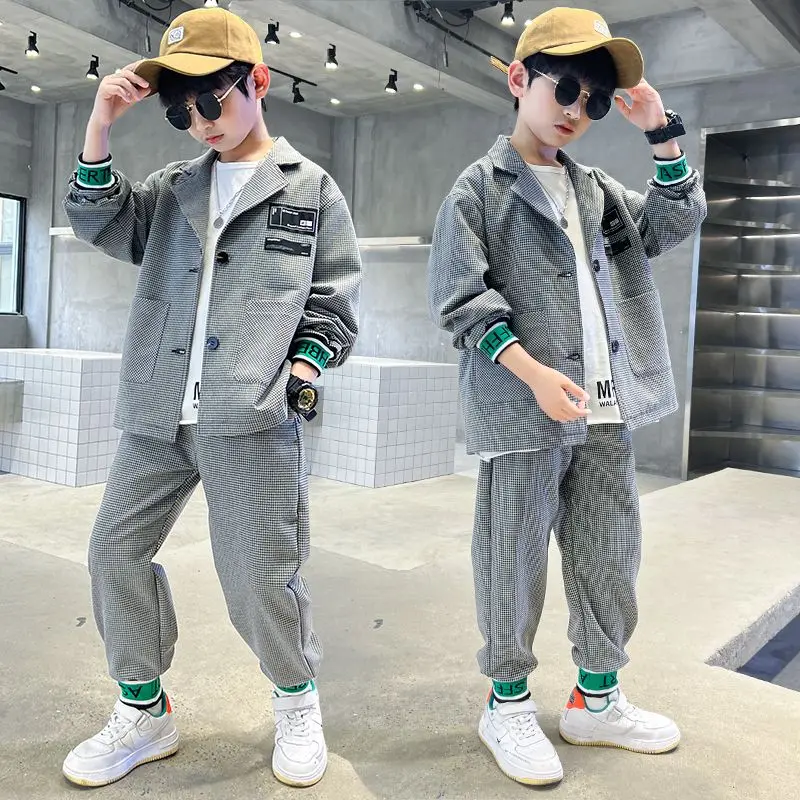 

2023 Spring Autumn Teen Boys' Suits Causal Plaid Single Breasted Coat Loose Cuffed Pants Two Pieces Korean 5-14 Years Old