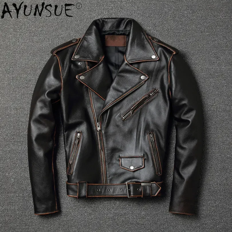 

AYUNSUE Real Cow Leather Coat Men Autumn Genuine Leather Motorcycle Jacket Vintage Leather Jackets and Coats Chaqueta Cuero SGG