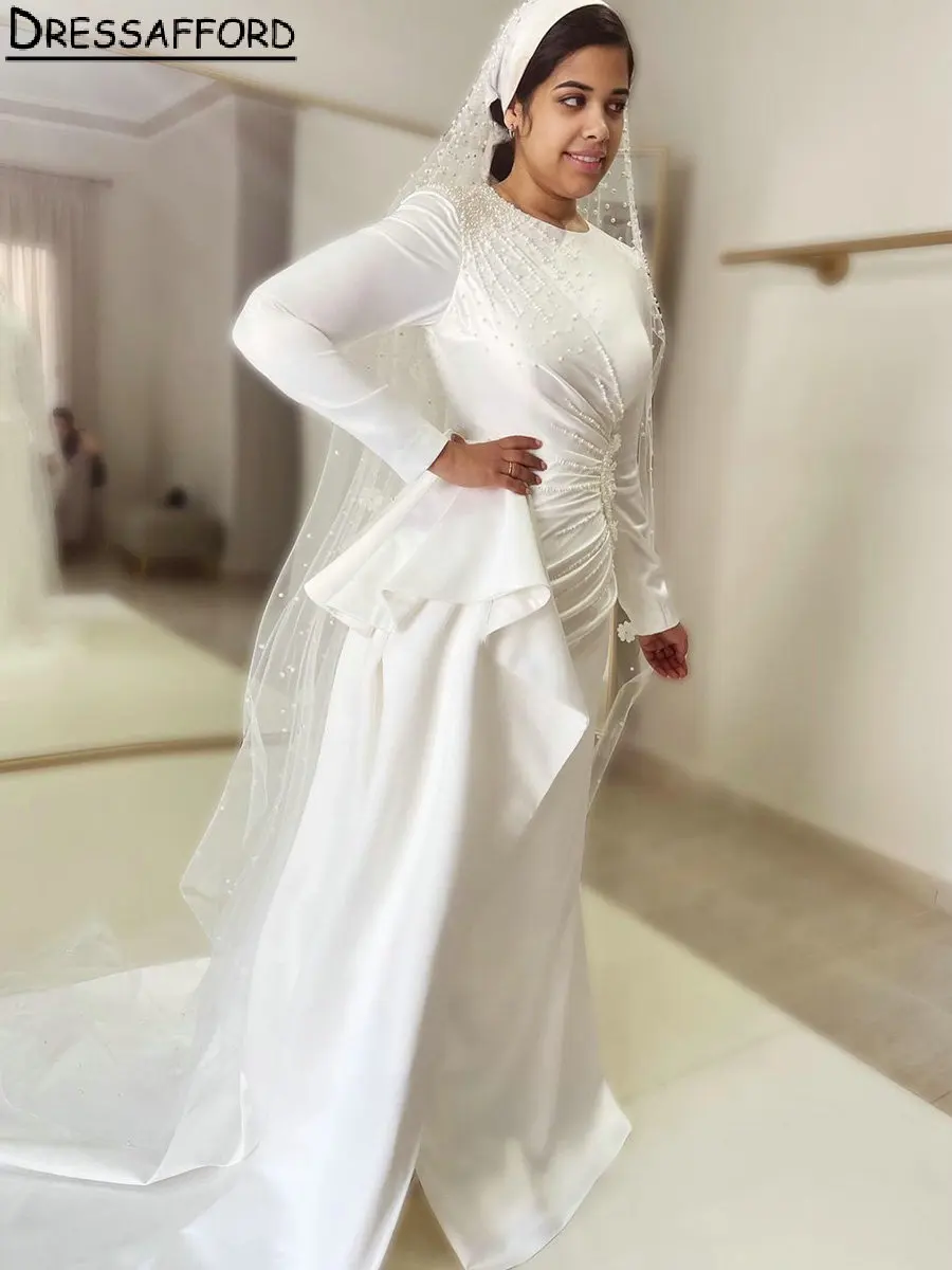 

Vintage Pearls Beading Muslim Dubai Wedding Dress Mermaid O-Neck Long Sleeve Pleat Draped Saudi Arabic Bridal Gown