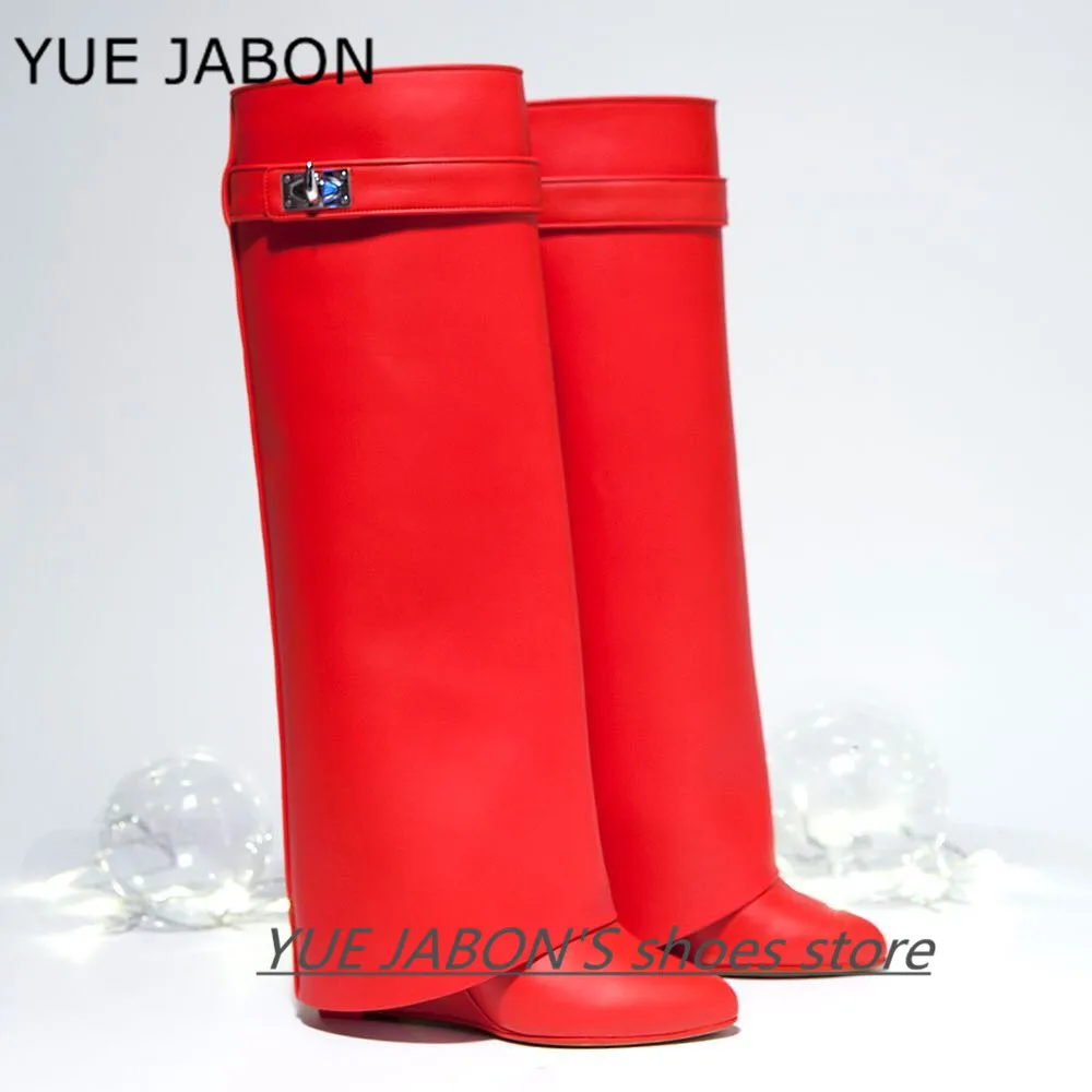 Women Luxury Sliver Shark Lock Knee High Boots Folded Genuine Leather Wedge Heel Height Increasing Boots Motorcycle Botas Mujer
Women Luxury Sliver Shark Lock Knee High Boots Folded Genuine Leather Wedge Heel Height Increasing Boots Motorcycle Botas Mujer