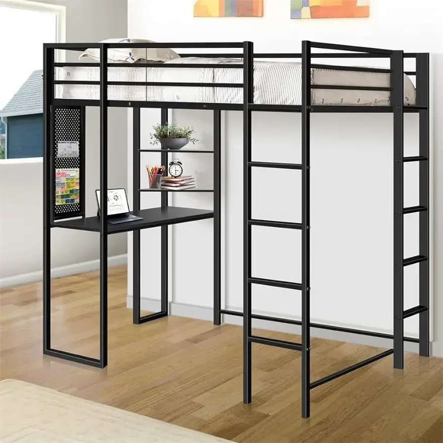 TRIPLE TREE Twin Loft Bed with Desk, Metal Loft Bed Frame with Storage Shelves, 2 Built-in Ladders & Guardrail
TRIPLE TREE Twin Loft Bed with Desk, Metal Loft Bed Frame with Storage Shelves, 2 Built-in Ladders & Guardrail