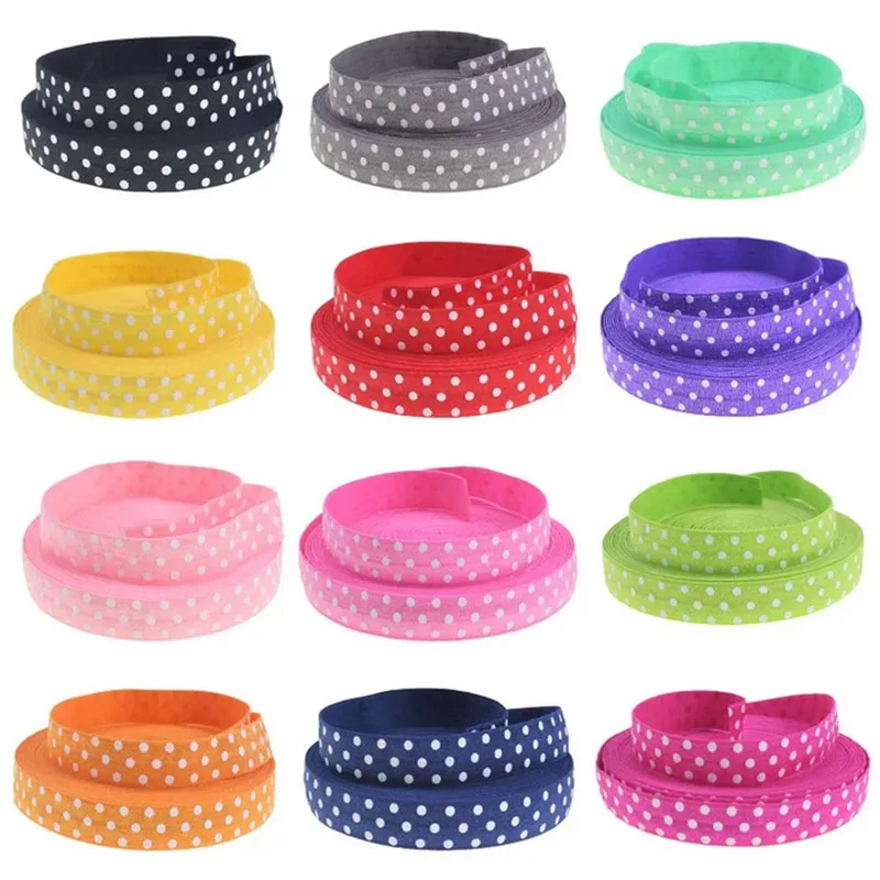 

5/8" 15MM White Ink Polka Dots Printed Fold Over Elastic FOE Ribbon For Hair Tie Headwear DIY Sewing Accessories