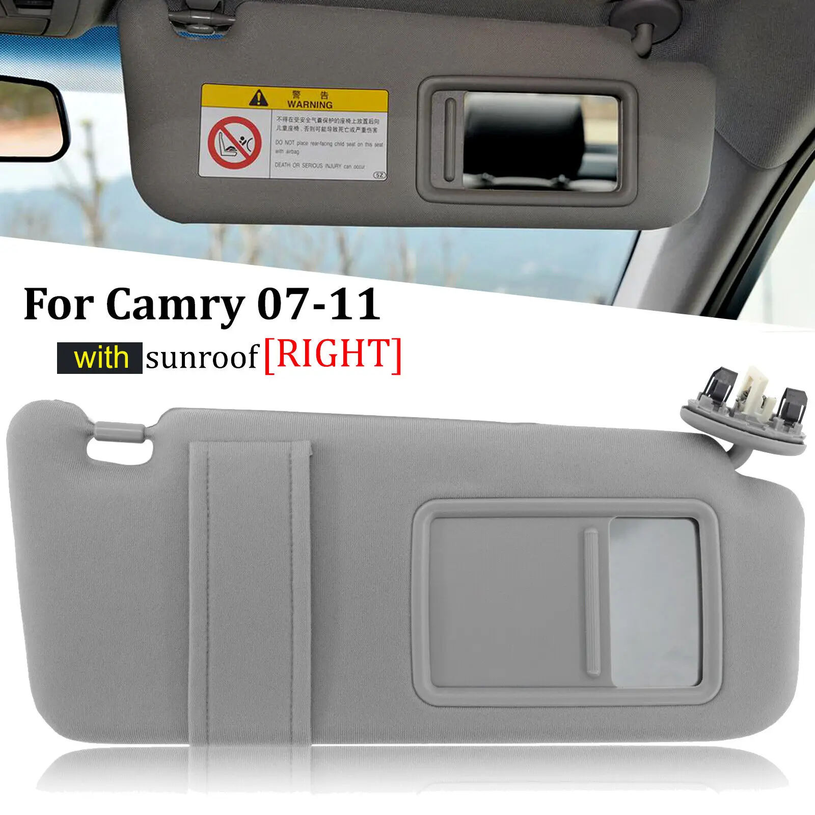 

For 07-11 Toyota Camry With Sunroof & Light Gray Passenger Side Right Sun Visor
