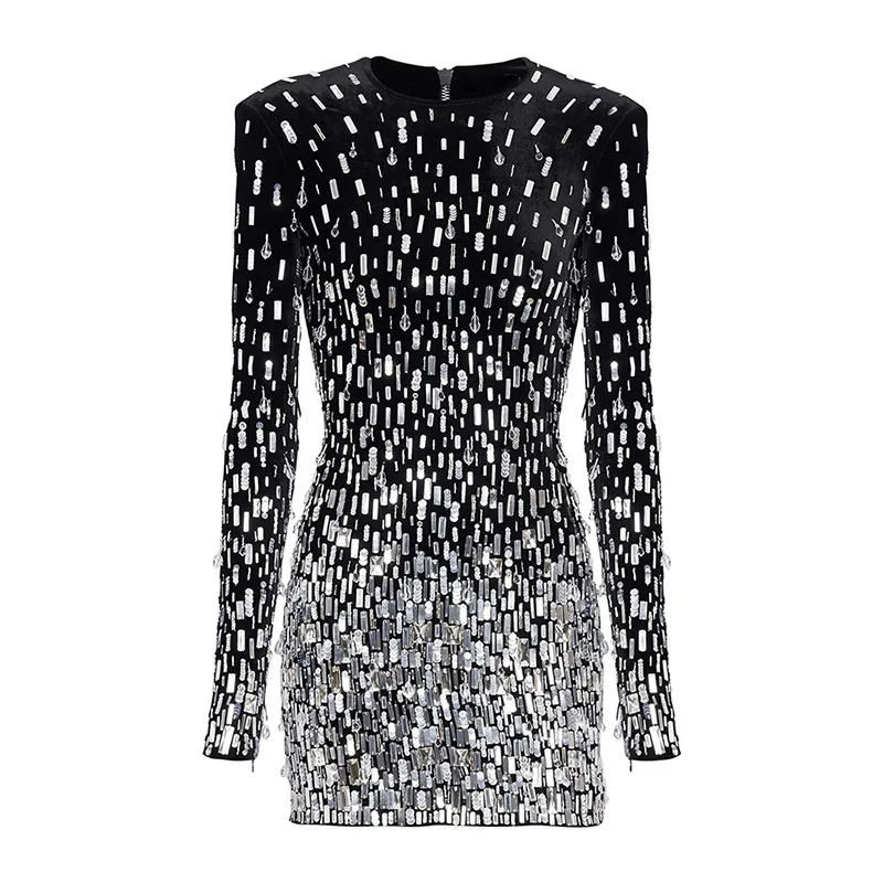 

Round Necked Dress with Three-dimensional Decoration, Heavy-duty Studded Sequin Gold Velvet Long Sleeved Dress