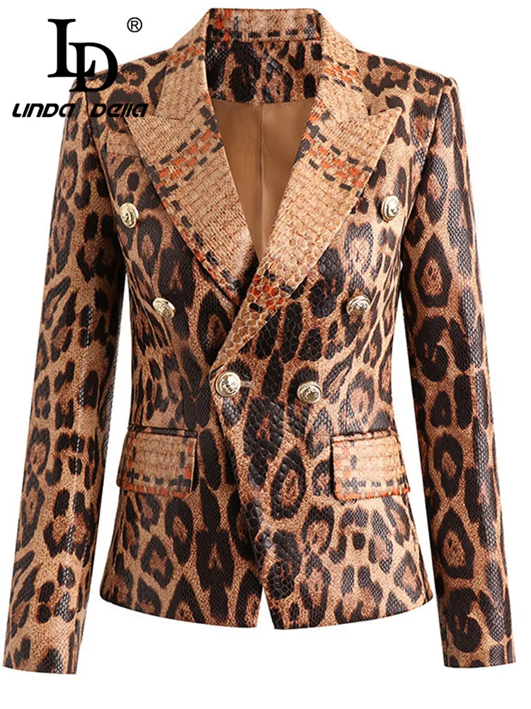 

LD LINDA DELLA Winter New Style luxury Coat Women's long sleeve Snakeskin grain Double-breasted Intersect Pockets Commuting Coat