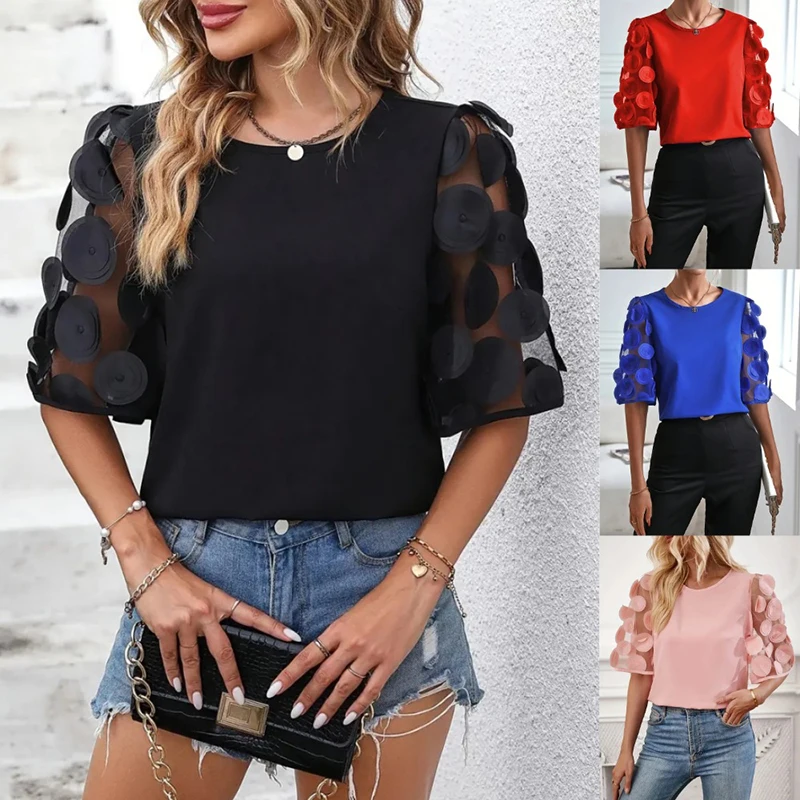 

Fashion Women's Blouse Summer New Short Sleeve Casual Simple O-Neck Black Lace Sheer Mesh Top Shirts For Women Pullover Blusas