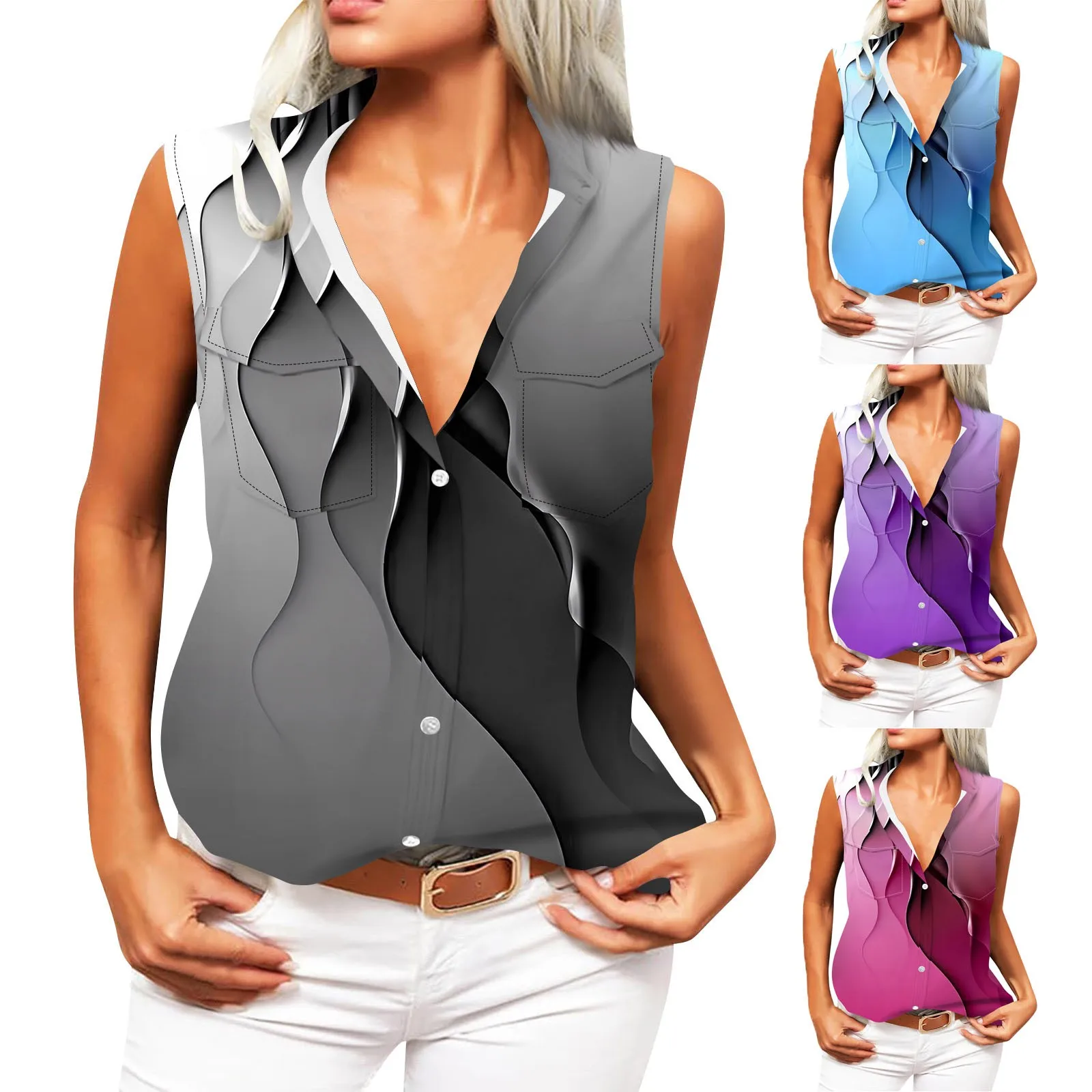 

Women's Print Lapel Sleeveless Tank Tops Summer Button Down Shirts Ladies Shirts tops de talla grande Топы больших размеров