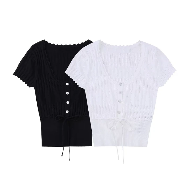 2023 Summer New Women's Clothing V-neck Short-sleeved Jacquard Hollow-knit Tie Top Slim-fit Simple All-match Knitwear
2023 Summer New Women's Clothing V-neck Short-sleeved Jacquard Hollow-knit Tie Top Slim-fit Simple All-match Knitwear