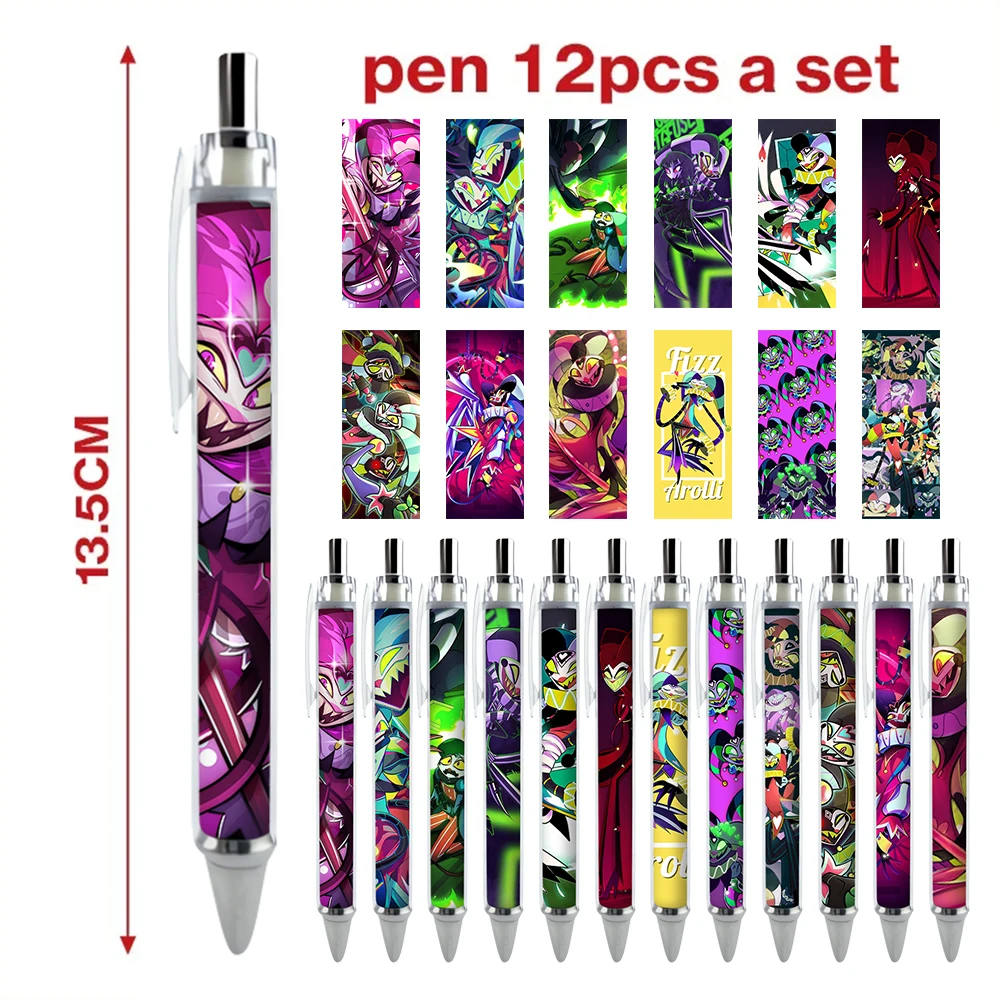 

12PCS Helluva Boss Ballpoint Pen Fizz Arolli Caneta Kawaii Anime Movie Black Refills Stationery Writing School Supplies Student