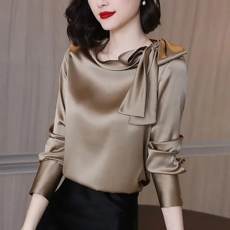 

Autumn All-match Lacing Solid Color Satin O-neck Long Sleeve Shirts Women Clothes Fashion Bow Scarf Collar Blouse Ladies Elegant