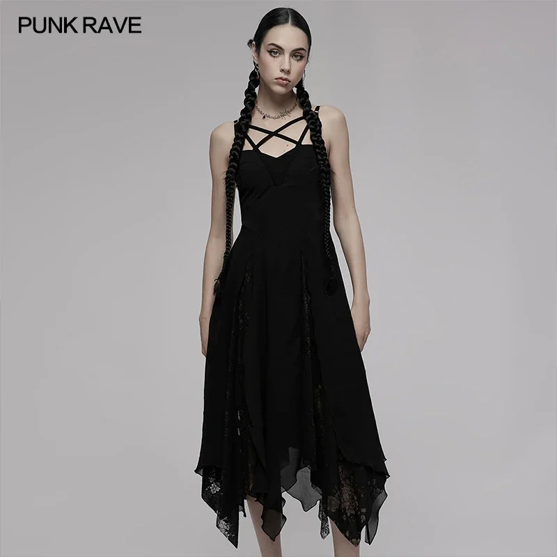 

PUNK RAVE Women's Gothic Daily Dark Hollowed Out Cross Asymmetric Hem Dress Sexy Collect Waist Party Club Women Black Dresses