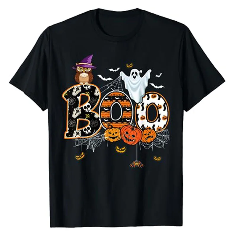 

Boo Creepy Owl Pumpkin Ghost Funny Halloween Costume T-Shirt Halloween Night Costume Novelty Gift Women Men Fall Graphic Tee Top