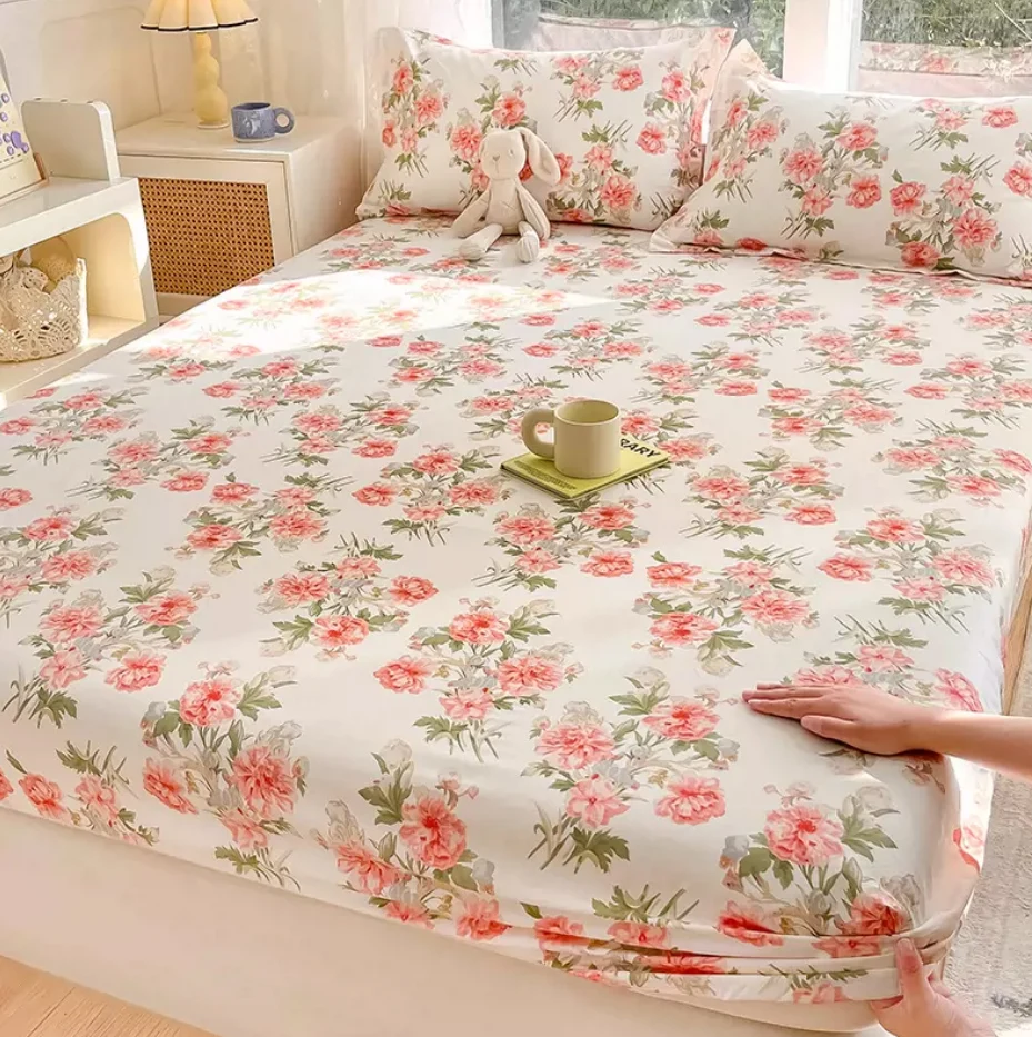 

100% Cotton Soft Bed Fitted Sheet + 2pc Pillowcases Cartoon Flower Bedding Linens Bed Sheets With Elastic Double Queen King Size