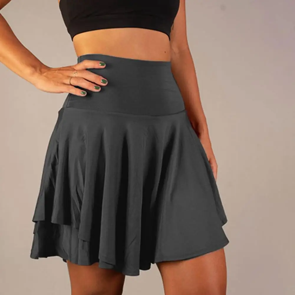 

Women Mini Skirt Anti-exposure Double Layers High Waist Wide Band Workout Tummy Control Cheering Dance Women Sports Skirt