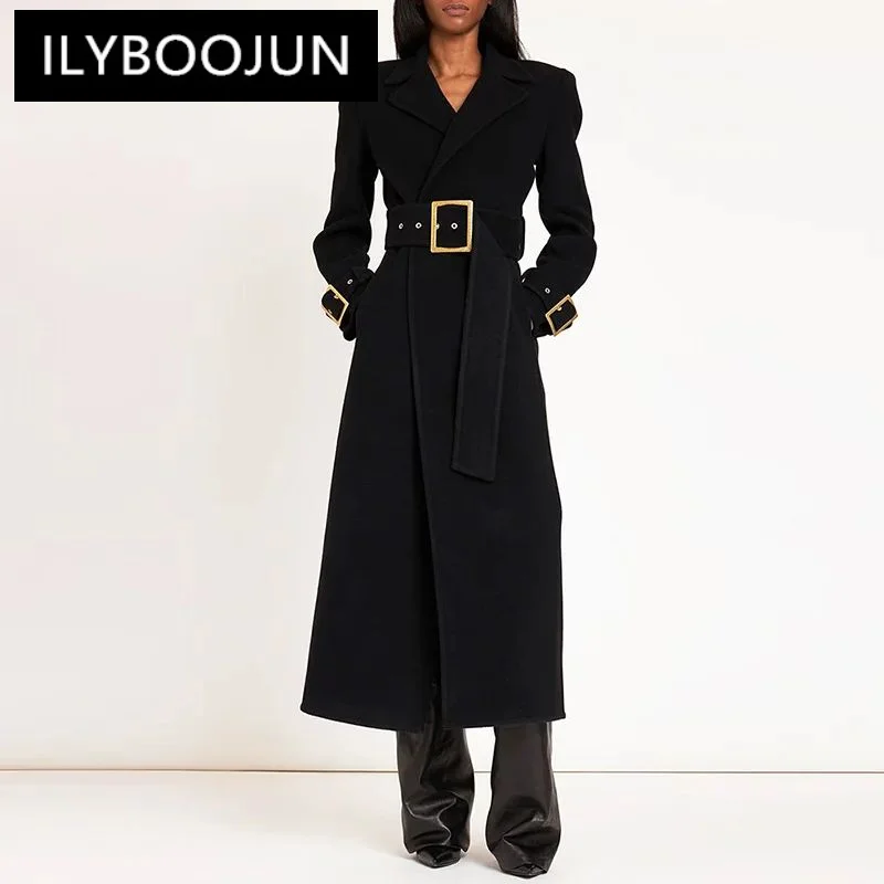 

Woolen Long Coat for Women 2023 Autumn Winter New Fashion Black Trench Belt Long Coat Woolen Jacket Women Blends Outerwears