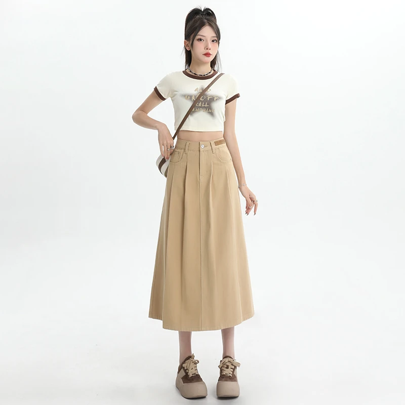 

2024 Spring New Arrival A-line Skirt with Pockets and Side Slit in Apricot Color for Women's Relaxing Wear