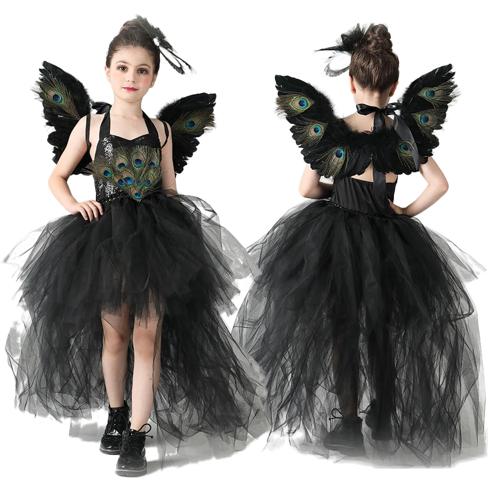 

Peacock Cosplay Kids Black Tutu Dress Wings Little Girls Dance Performance Clothing Children Roleplay Halloween Party Suits