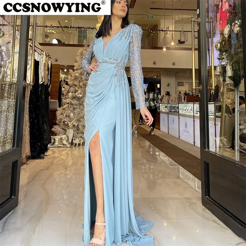 

Chiffon Appliques Beaded Prom Dresses Long Sleeve V Neck High Slit Side Formal Evening Party Gowns Women Robes De Soirée