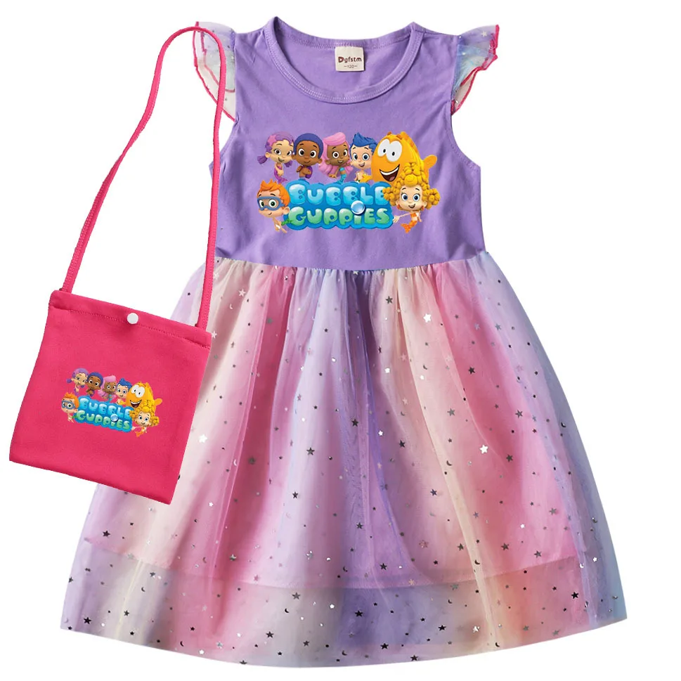 

2-10Y New Fashion Bubble Guppies Clothes for Girls Casual Dress Kids Cartoon Party Vestidos Toddler Girl Elegant Wedding Dresses