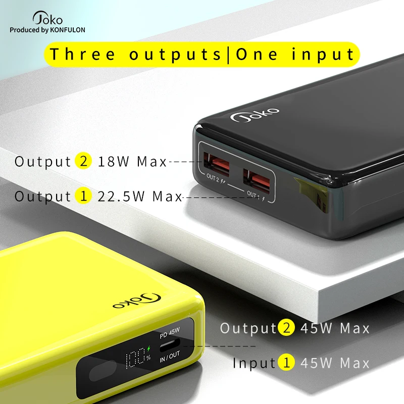 KONFULON 20000mah Large Capacity 45w Fast Charger Portable Small Size Power Bank With 3 Output Port with Digital Display
KONFULON 20000mah Large Capacity 45w Fast Charger Portable Small Size Power Bank With 3 Output Port with Digital Display