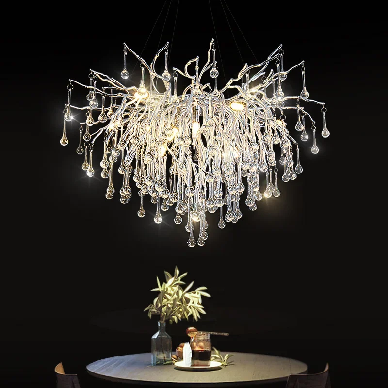 

Modern Silver Crystal Water Drop Branch Chandelier Hall Living Room Bar Luxury Decoration Maison Hanging LED Lighting Fixture